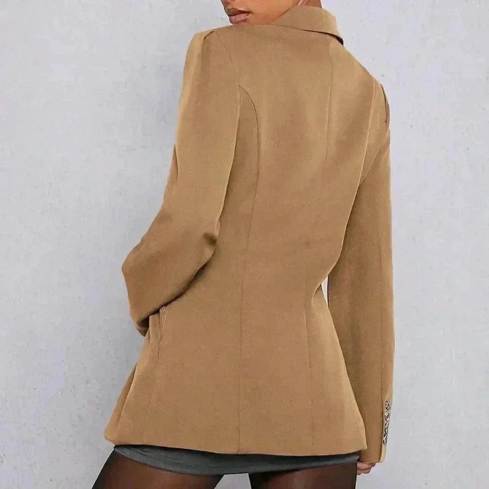 Camel Elegant Women's Pleated Flare Hem Button Up Blazer - Picture 4 of 5